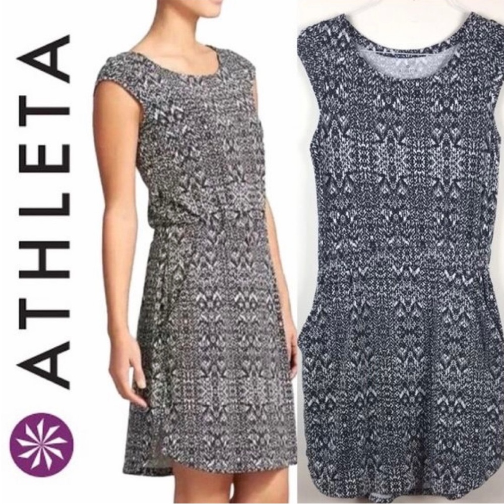 Athleta Black White Redondo Stretch Dress cap sleeves stretchy knit Small Tall